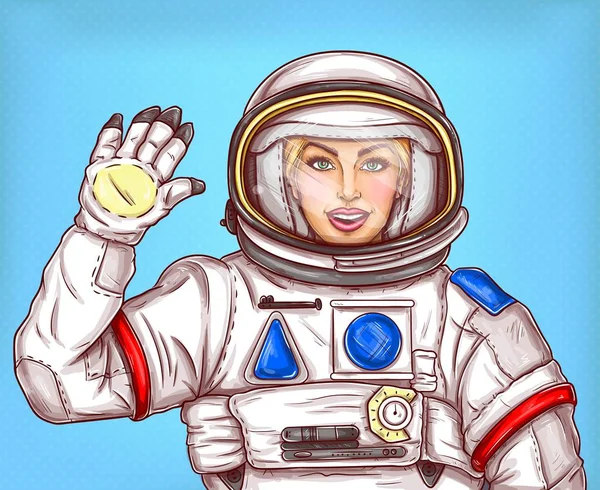 Young astronaut girl in a space suit waving her hand — Stock Vector