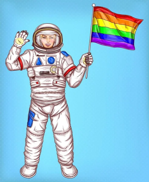Jonge astronaut meisje met Regenboogvlag — Stockvector