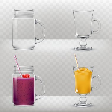Smoothies ve kokteyl için cam bardak boş ve dolu.