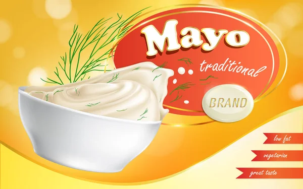 Mayonnaise brand in a plate with a low fat content. — Stock Vector