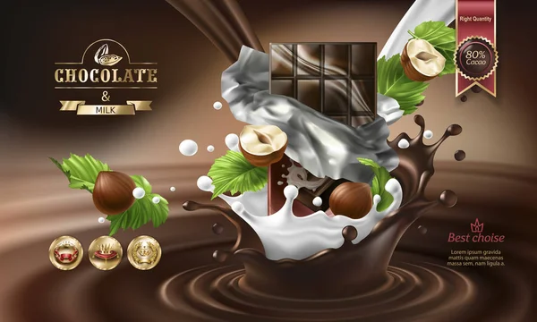 溶かしたチョコレートとチョコレートのバーの水しぶき. — ストックベクタ