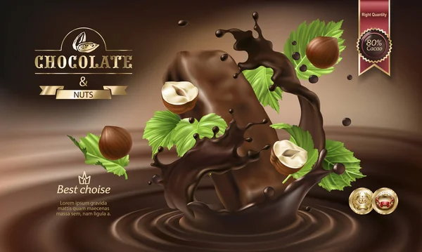 Des éclaboussures de chocolat fondu avec barre de chocolat . — Image vectorielle