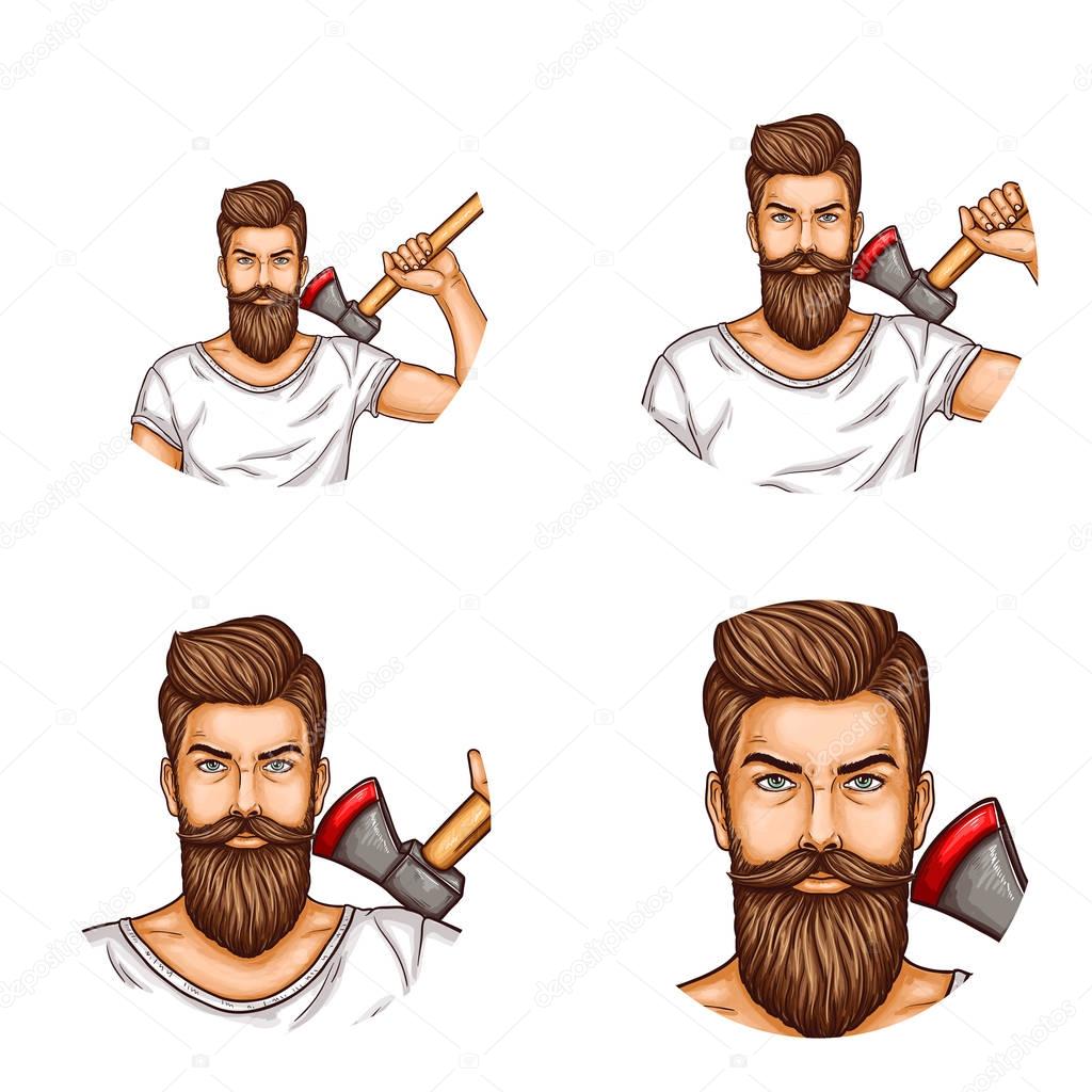 Vector avatars of a man with a beard, mustache, ax.