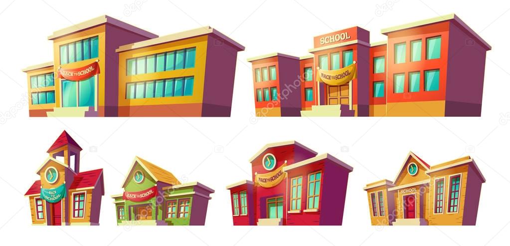 Set of vector cartoon illustrations cartoon of various color old, retro and modern educational institutions, schools.