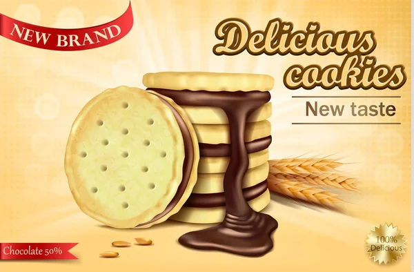 Banner de publicidade para biscoitos de sanduíche de chocolate — Vetor de Stock