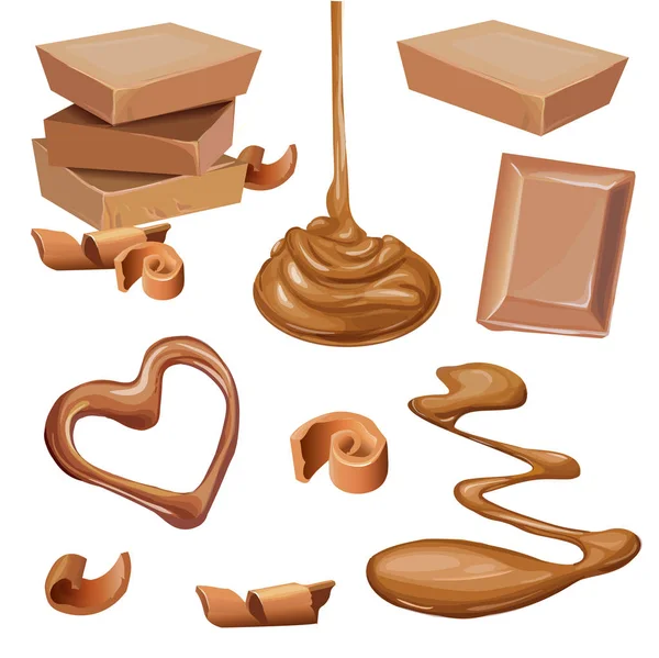 Illustration du chocolat en tuiles, copeaux, liquide . — Image vectorielle