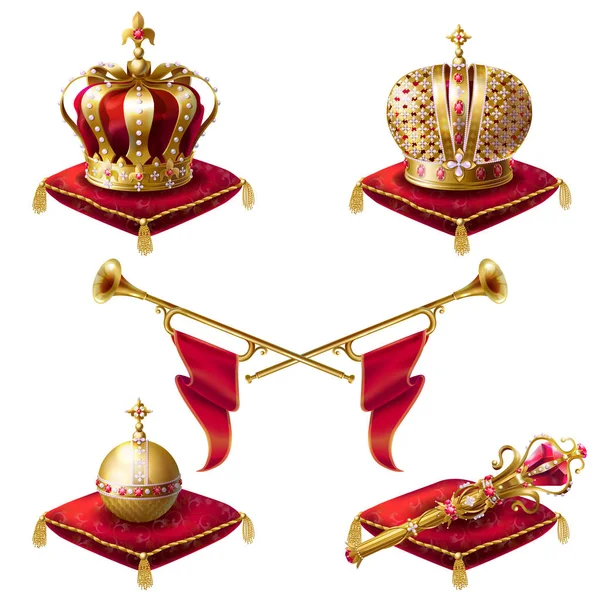 Couronnes royales d'or, fanfares, sceptre et orbe — Image vectorielle