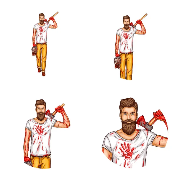 Avatar d'un homme barbu avec une hache sanglante . — Image vectorielle