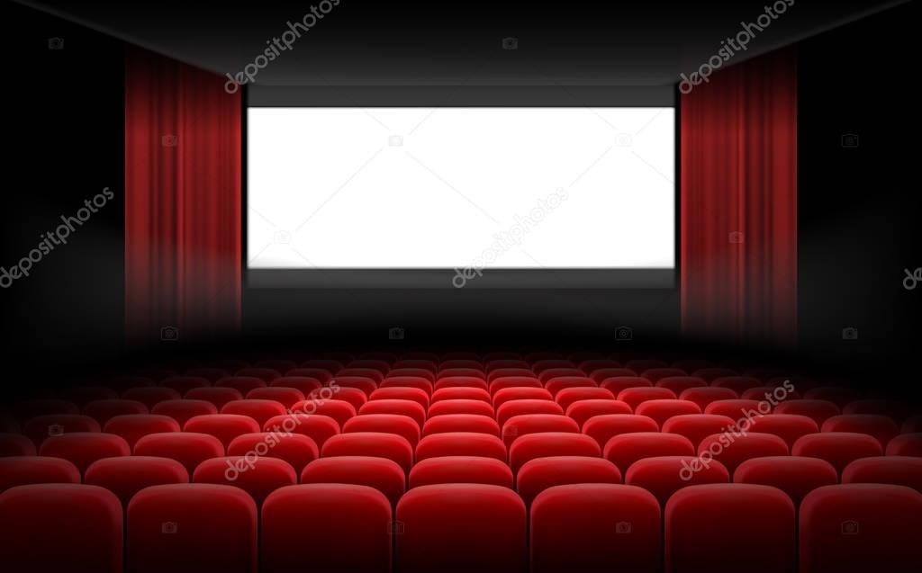 White cinema theatre screen with red curtains and chairs