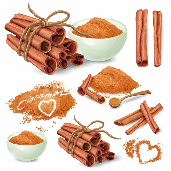 Cinnamon sticks and powder vector collection — Stock Vector