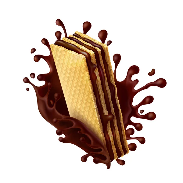 Gaufrette au chocolat avec éclaboussure de chocolat fondue — Image vectorielle