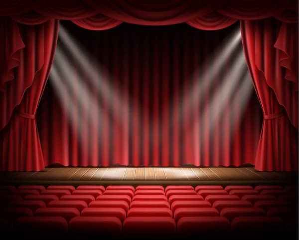 Κόκκινη κουρτίνα και άδειο θεατρική σκηνή — Διανυσματικό Αρχείο