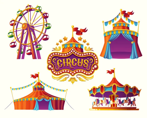 Carnival cirkus ikoner med ett tält, karuseller, flaggor. — Stock vektor