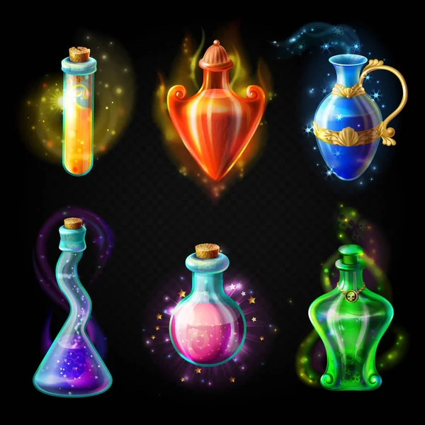 Bouteilles en verre avec une potion magique — Image vectorielle