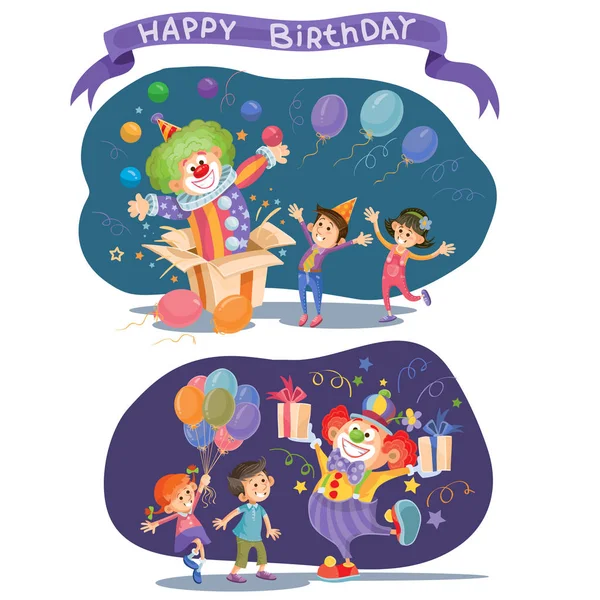 Fondo de cumpleaños con niños felices y payaso — Archivo Imágenes Vectoriales