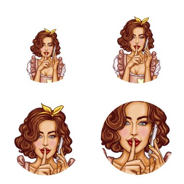 Pop art kadın yuvarlak avatarlar illüstrasyon vektör