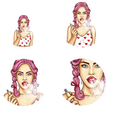 Vektör set yuvarlak avatarları vaping kızla