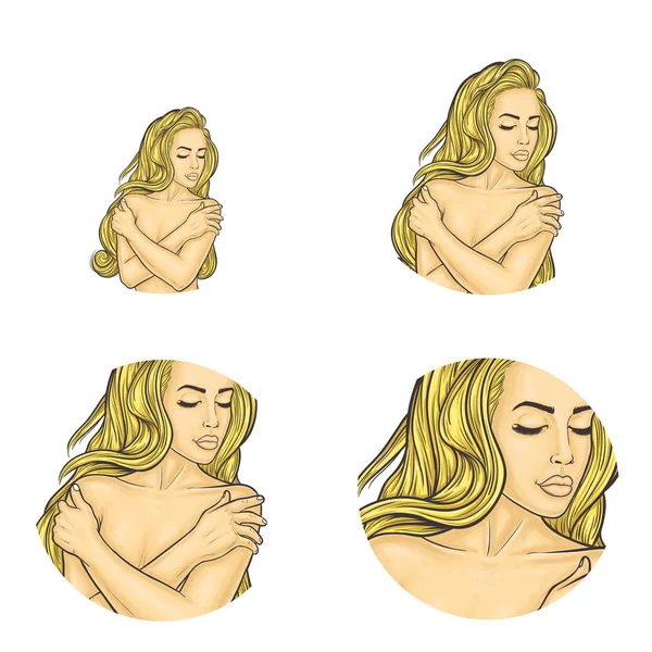 Nahá dívka vektorové pokrývající prsu, pop-art avatary — Stockový vektor