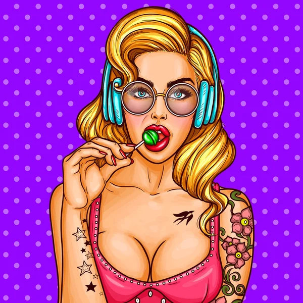 Vector pop arte pin hasta sexy chica chupa lollipop — Vector de stock