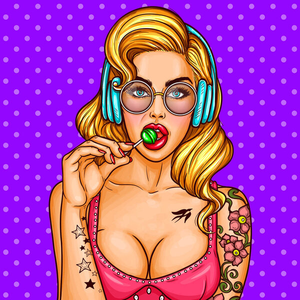 Vector pop art pin up sexy girl sucks lollipop