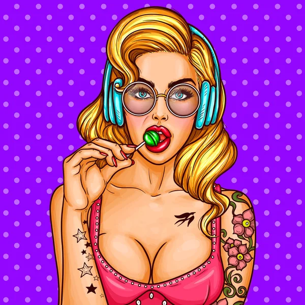 Vektor pop art pin up sexy girl sucks lollipop - Stok Vektor