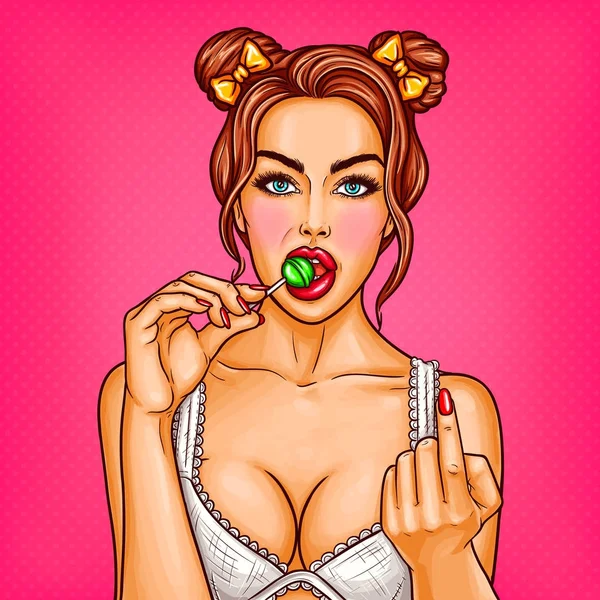 Vector pop art girl sucks lollipop and beckons — Stock Vector