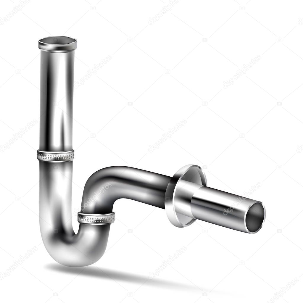 Vector realistic drain pipe, chrome basin siphon