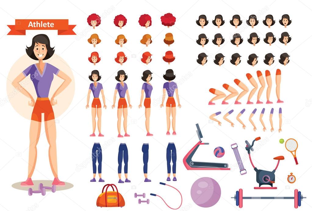 Vector young woman athlete. Character creation set