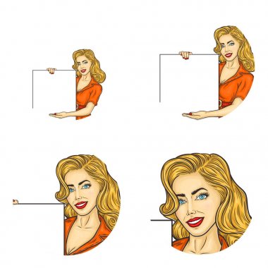 Kadın ile yuvarlak avatarları kümesini boş afiş tutar