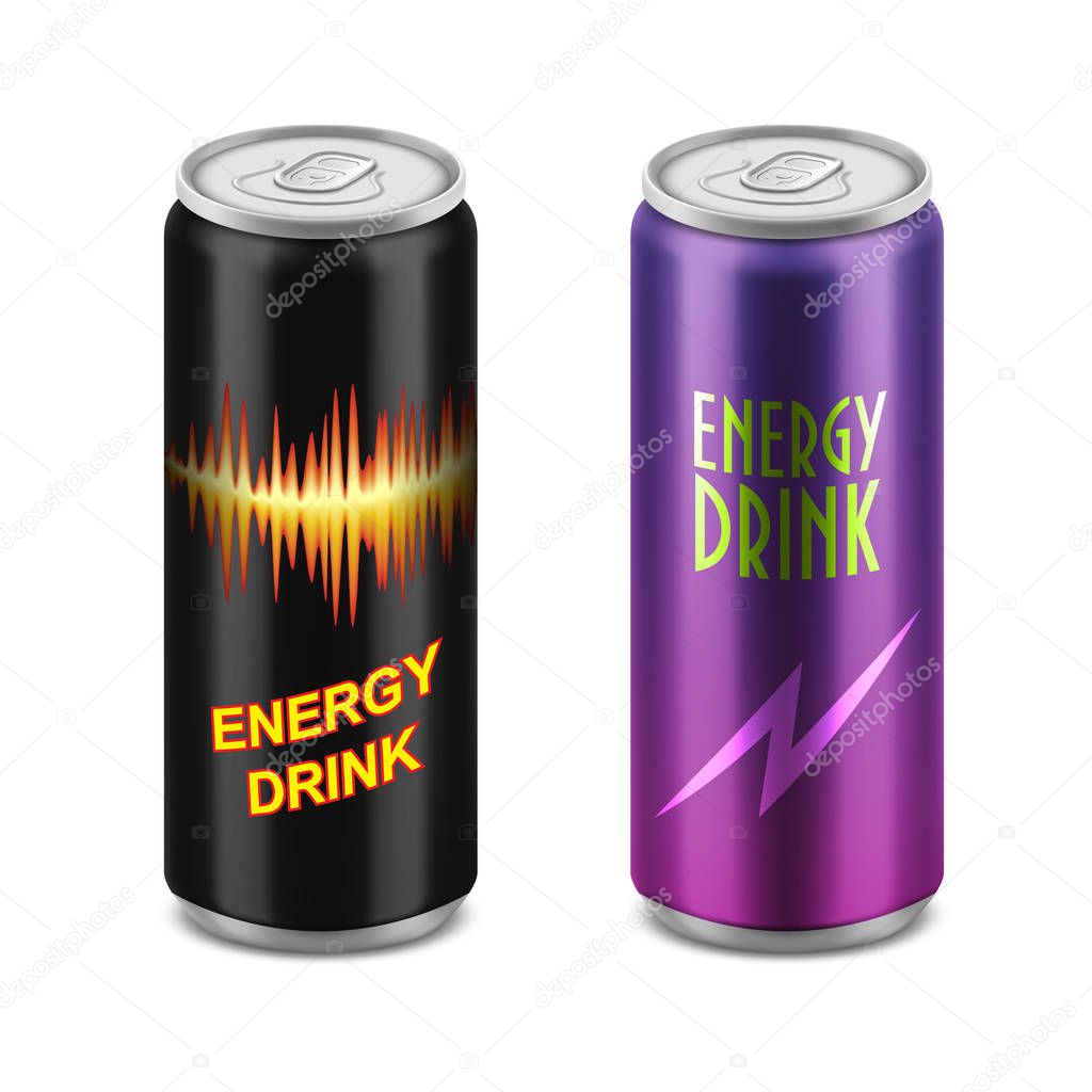 Two vector closed aluminum cans in black and purple color with a picture of lightning, a charge isolated on a white background. Set of illustrations, mock up brand design.