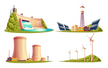 Vektör karikatür enerji istasyonları - alternatif, yenilenebilir geleneksel. İzole çizimleri, güneş paneli tesisi, ayarla hidroelektrik enerji Barajı, yel türbinleri, nükleer reaktörler, Soğutma Kulesi