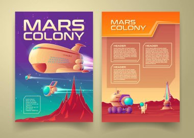 Vektör kolonizasyon afiş infographics şablon kümesi mars. Güneş sistemi gökada keşif Kızıl gezegen Dünyalaştırma koloni görev kavramı. Resimde uzay istasyonu Servisi uzay astronot, rover