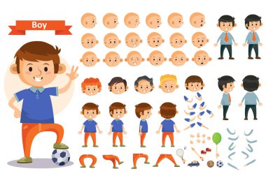 Futbol ve oyuncaklar vektör çizgi film çocuk karakter izole Oluşturucu simgeler vücut parçaları, saç veya bacak, kol ve yüz duygular oynayan çocuk çocuk. İnşaat için ayarla oluşturmak spor oynayan genç çocuk çocuk