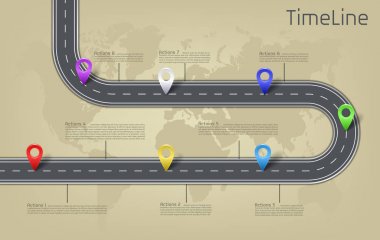 Vektör şirket kurumsal araba yolda dünya harita kilometre taşı, zaman çizelgesi işletme sunum düzeni Infographic stratejik plan iş işaretçi işaretleri, eylem adımları ile. Kavram şablon çizimi