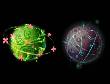 Vektör çizgi film fantastik dünya ve gezegenler set. Kozmik, yabancı alanı öğeleri oyun tasarımı için. Kelebekler ve çiçekler ile yeşil bitkiler galaxy, satellits, taş gezegen illüstrasyon krater.