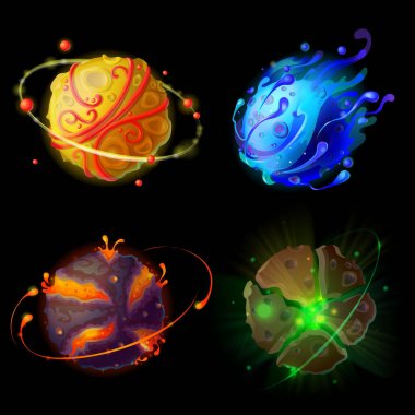Vektör çizgi film fantastik gezegenler, dünyalar asteroitler ayarlayın. Kozmik, yabancı alanı öğeleri oyun tasarımı için. Yangın galaxy ile volkanik kraterler, satellits ve buz kuyruklu yıldız ile taş gezegenler ile illüstrasyon.