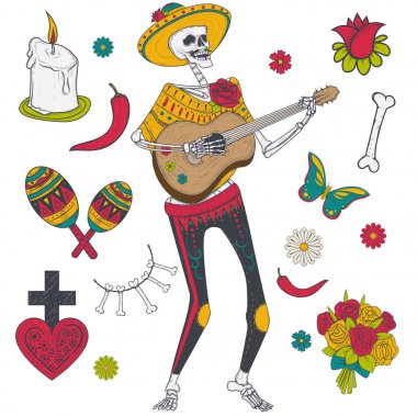 Erkek iskelet sarı fötr şapka ve Meksika Ulusal giysiler vektör çizim arka plan üzerinde izole gitar çalıyor. Dia de los Muertos, tasarımınız için öğeleri kümesi Ölülerin günü