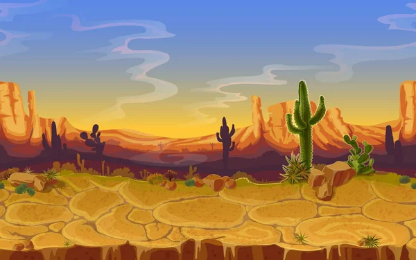 Vector seamless desert landscape. Horizontal cartoon game, banner background, panorama with wild nature, cactus, rocks, trees, mountains sunset cloud sky, canyon dry ground. Western scene illustration