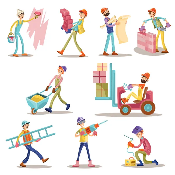 Bouw Werknemers Vector Cartoon Grappige Mannen Iconen Set Bouwer Constructor — Stockvector