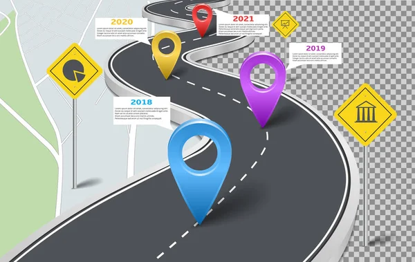 이정표 비즈니스 레이아웃 Infographic 전략적 워크플로 자동차도로 포인터 노란색 표지판 — 스톡 벡터