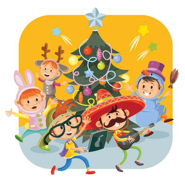 Fiesta Navidad Para Niños Con Niños Niñas Alegres Vestidos Lujo — Vector de stock