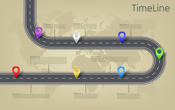 Vector company corporate car road on world map milestone, timeline business presentation layout infographic strategic plan workflow with pointer marks, action steps. Concept template illustration