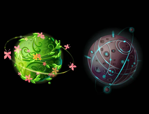 矢量卡通梦幻般的行星和世界设置 外星人空间元素的游戏设计 插图与绿色植物星系与蝴蝶和花朵 石行星与 Satellits 陨石坑 — 图库矢量图片