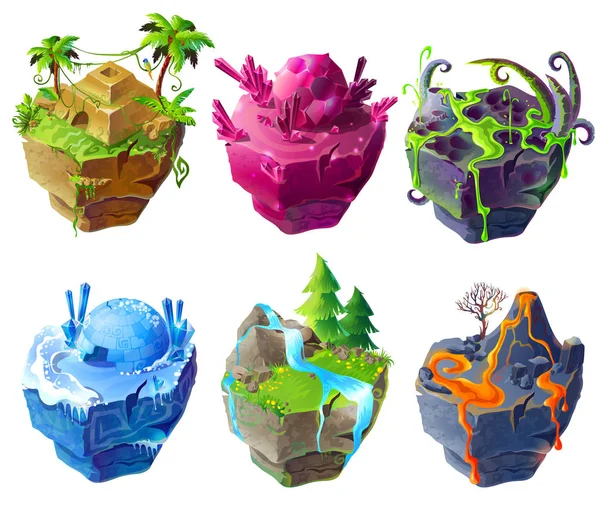 矢量等距3D 梦幻岛的游戏设计集 卡通插图热带寺庙 冰窖冰冻地点 绿草和瀑布和神奇水晶群岛 — 图库矢量图片