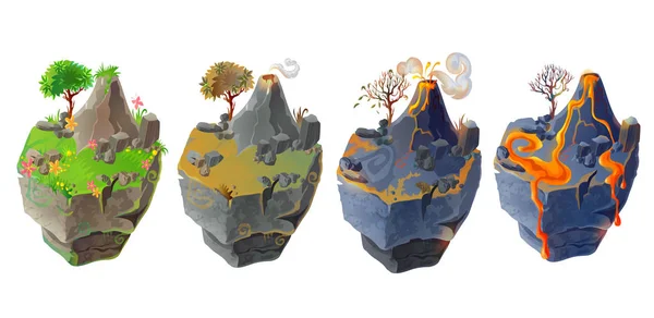 ゲーム デザインのベクトル等尺性の 幻想的な島を設定します 緑の草 花と山と溶岩 地面を燃やしたと分離された火山火山風景漫画イラスト — ストックベクタ