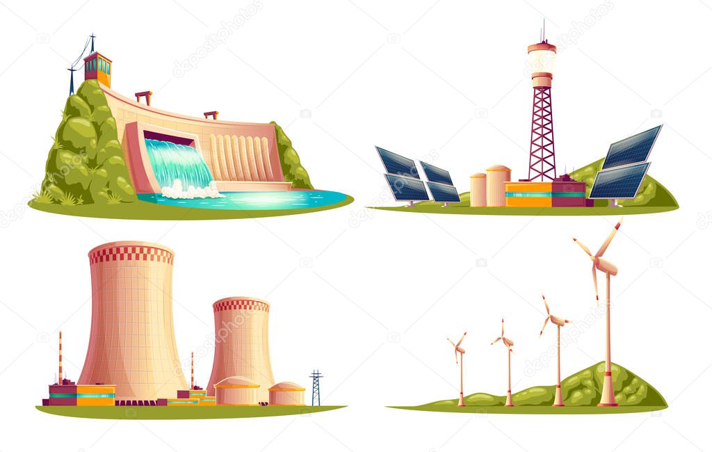 Vector cartoon energy stations - alternative, renewable traditional. Set of isolated illustrations, solar panel plant, hydroelectric power dam, windmill turbines, nuclear power reactors, cooling tower