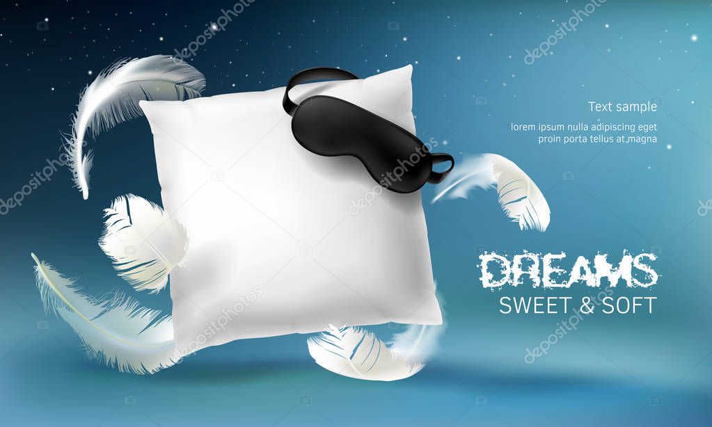 Vector 3d realistic illustration with white pillow, sleep mask, feathers, isolated on blue night background. Soft cushion for comfortable sleep and sweet dreaming
