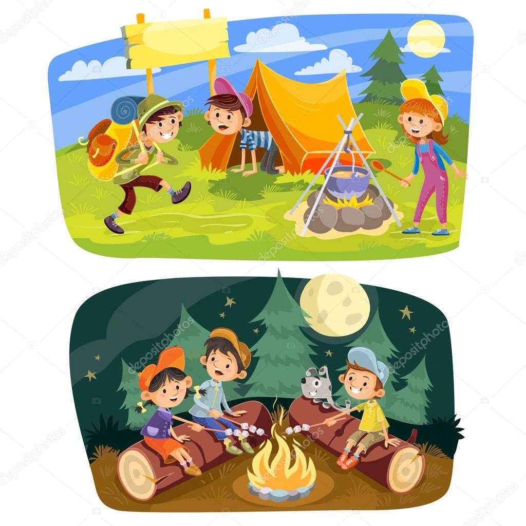 Kids summer camping vector concept illustration. Group of teens make a camp at nature, rest in tent, cook food outdoor and roast marshmallow on campfire in evening time. Set of two horizontal banners