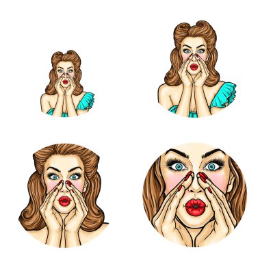 Vektör pop sanat avatar PIN indirim ya da satış duyurmaktan ellerini tutan kız. Sohbet, blog için simge
