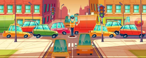 Vektor menggambarkan persimpangan kota, jam sibuk, kemacetan lalu lintas, transportasi bergerak, kendaraan. Mesin, mobil. - Stok Vektor